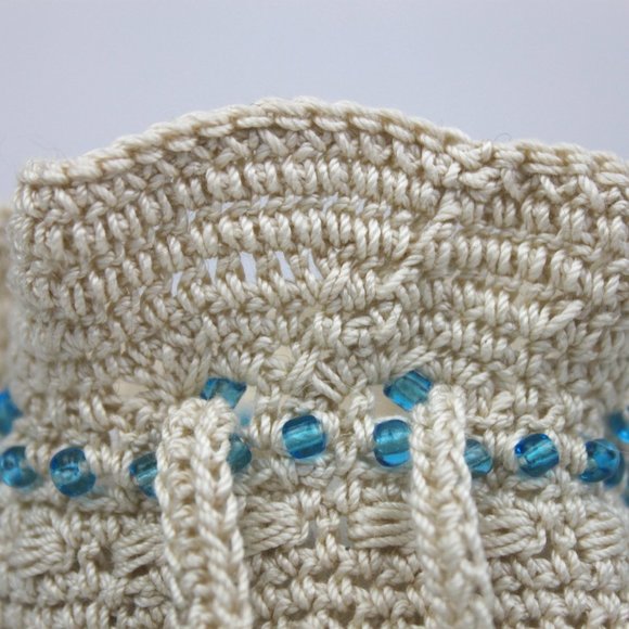 Blue Glass Beaded Cream Crochet Drawstring Pouch - Picture 7 of 9